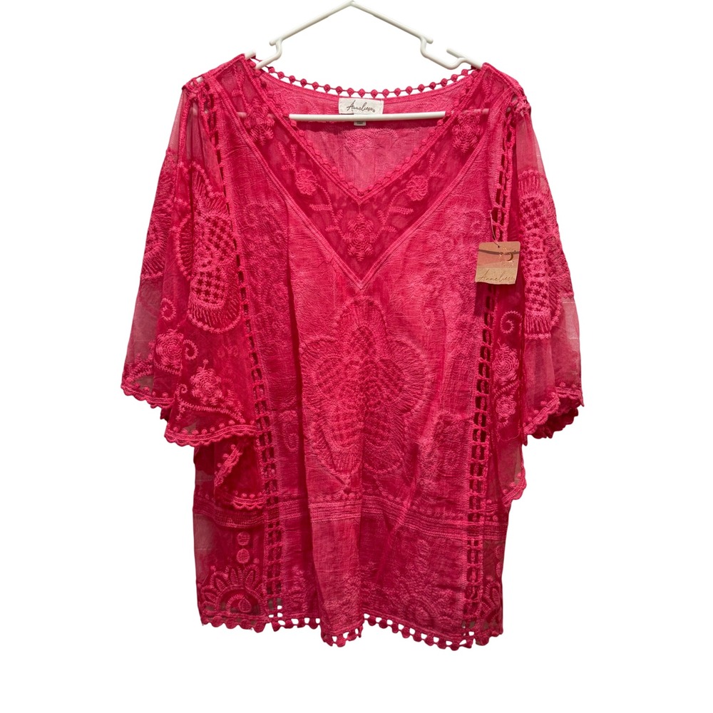 NEW Lace Tunic Top‎ Womens Medium Hot Pink Sheer Boho Flutter Sleeve Resortwear
